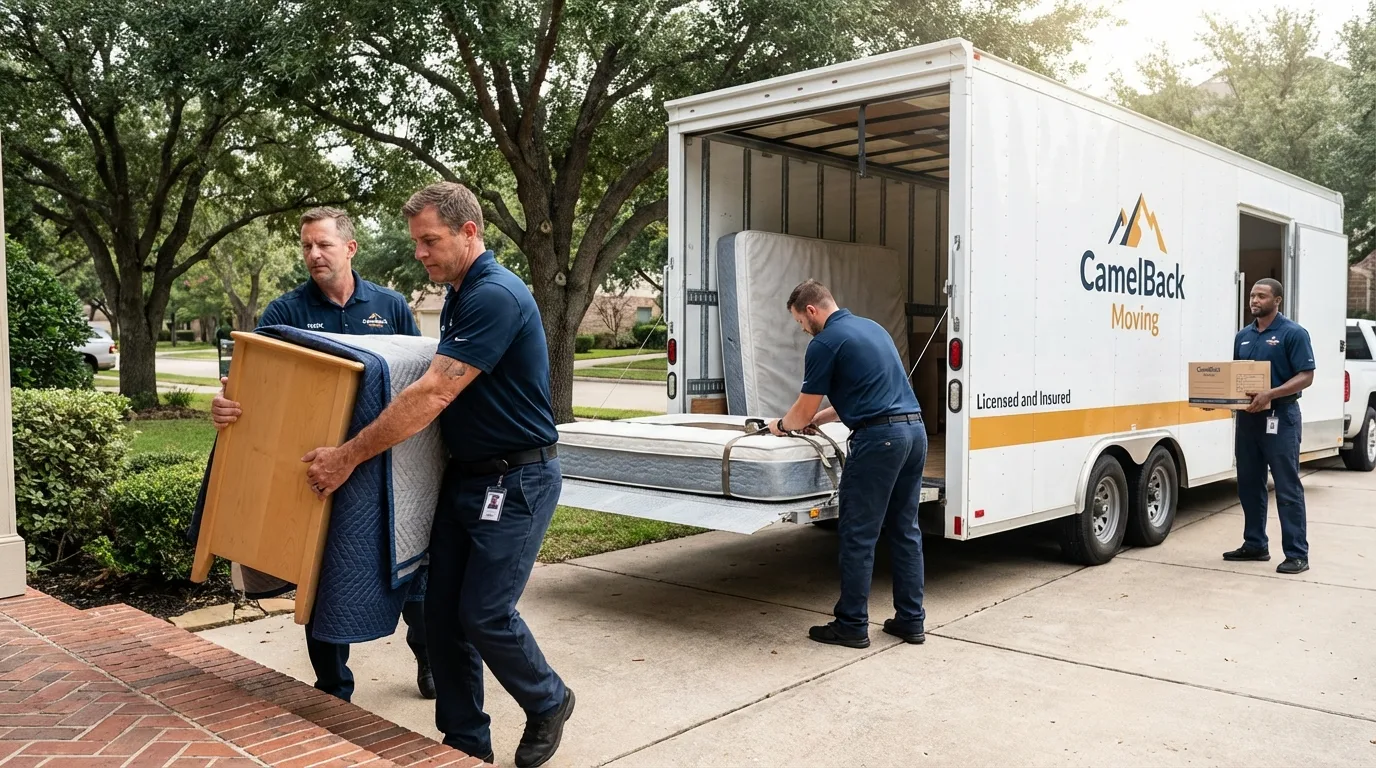Crew loading residential truck for cross-state move from Crowley, LA