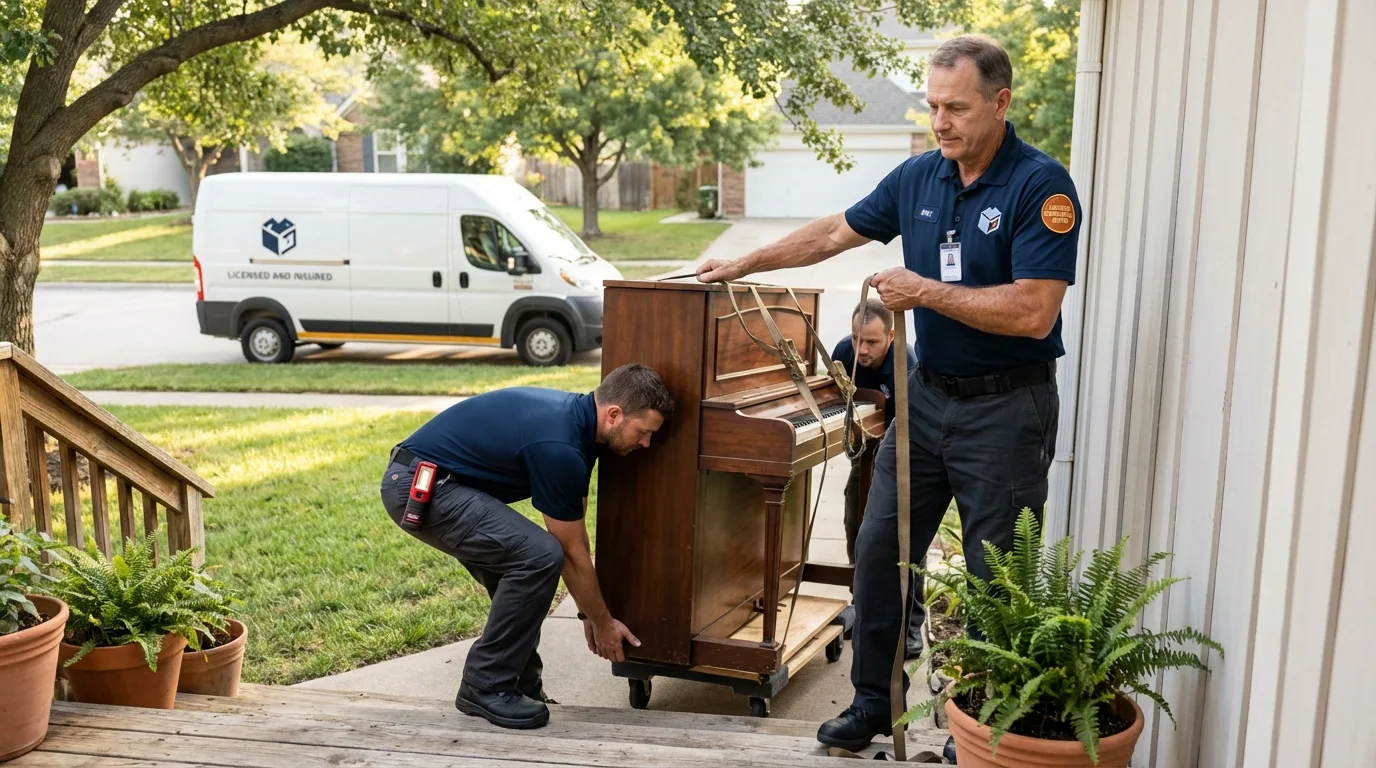 Licensed piano movers securing grand piano in Crowley, LA
