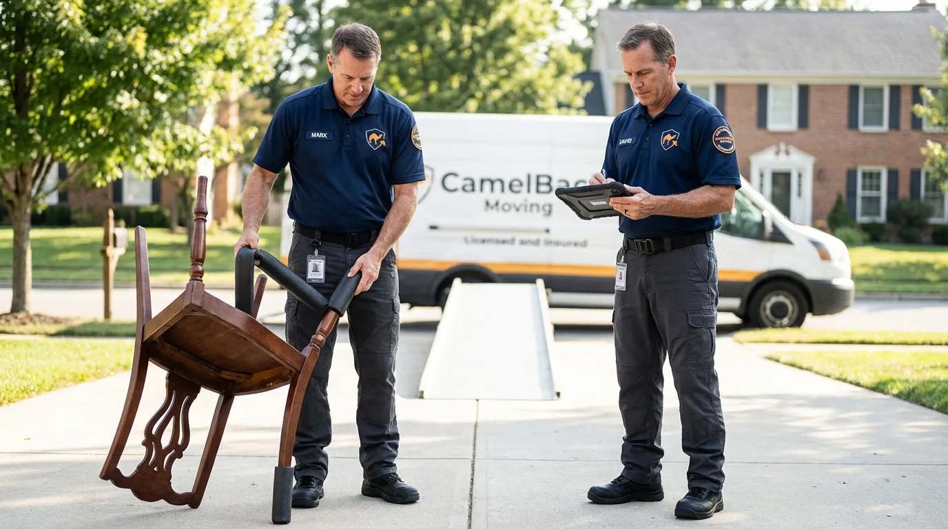 Movers inspecting furniture for damage prevention before loading in Crowley, LA
